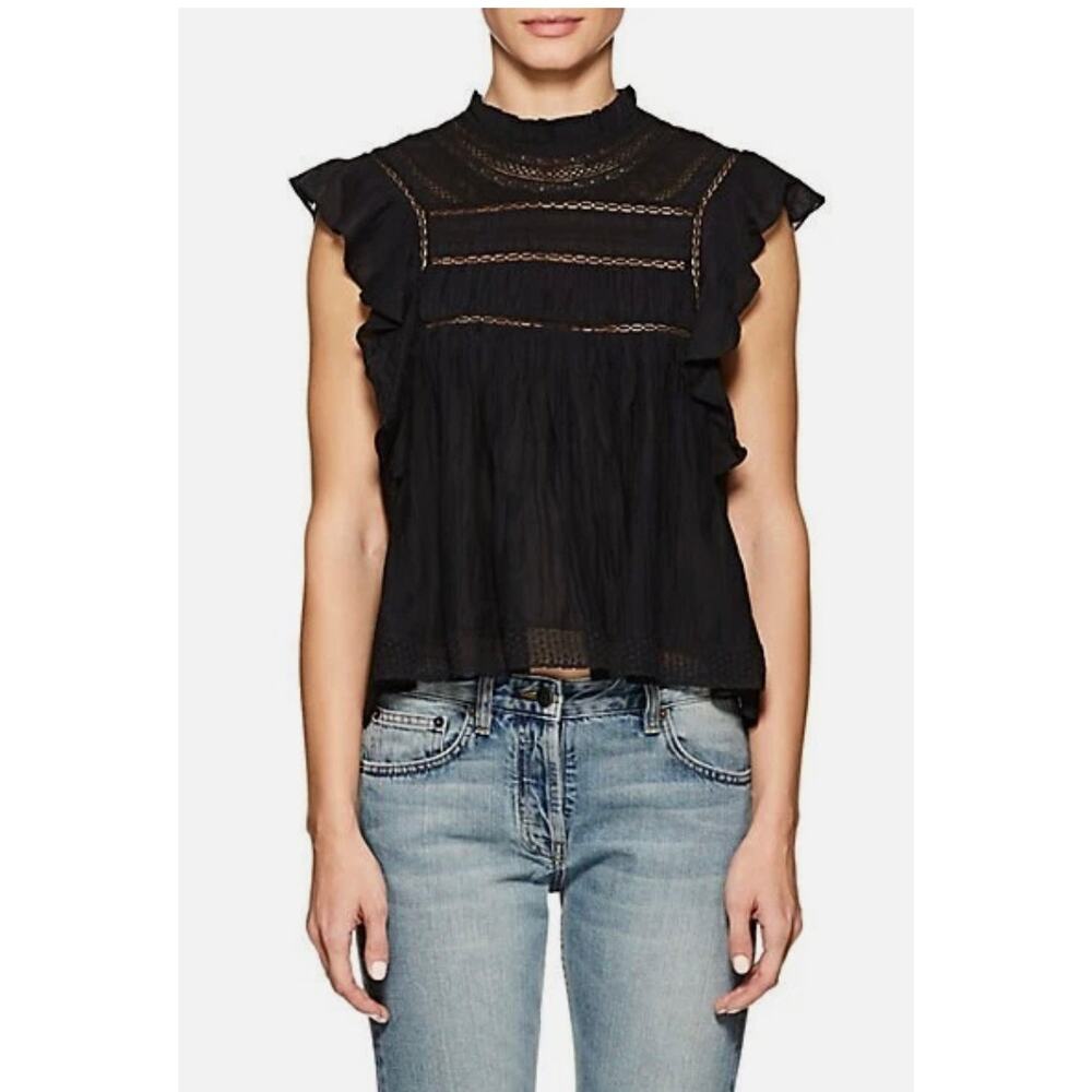 Isabel Marant Black Ruffled Lace-Trim Sleeveless Blouse